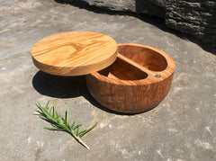 Olive Wood Salt Cellar with Lid, Double Compartment Spice Keeper