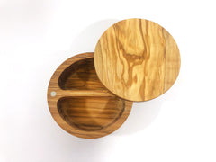 Olive Wood Salt Cellar with Lid, Double Compartment Spice Keeper