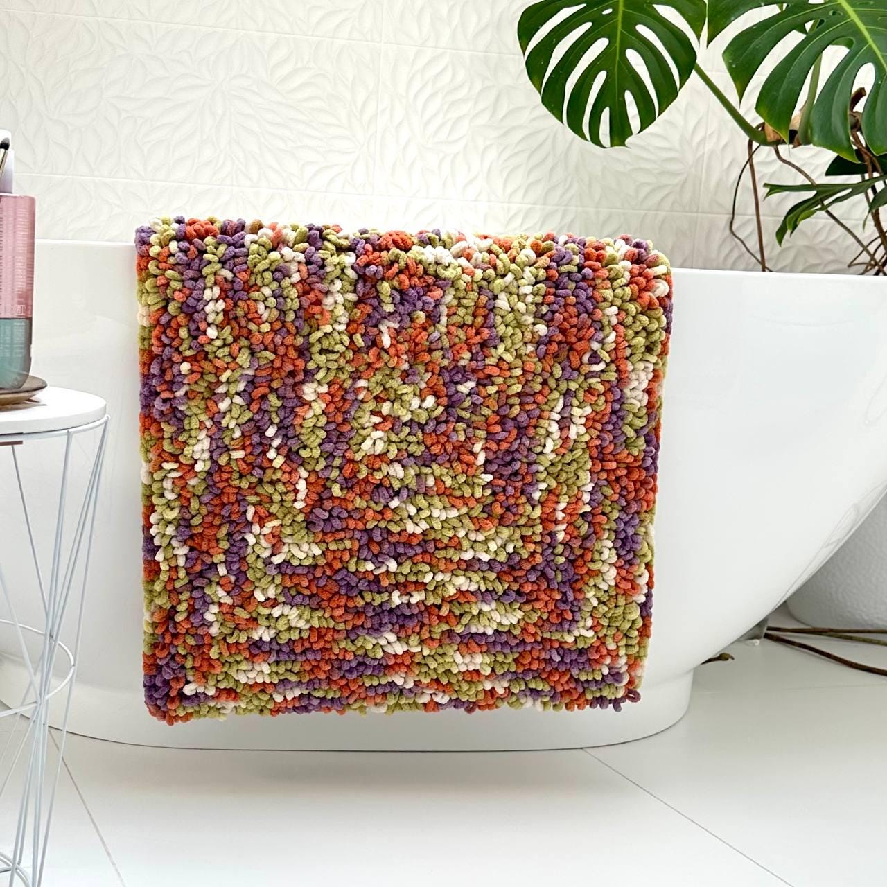 Tufted Bath Mat in Olive, Purple, and Terracotta
