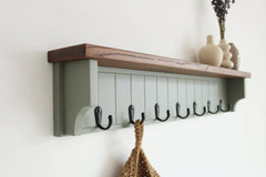 Olive Green Coat Rack with Rustic Oak Shelf, Entryway Organizer Hooks