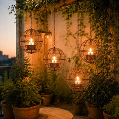 Outdoor Hanging Wire Globe Lanterns, Cozy Patio & Garden Candle Lights, Rustic Wedding Glow, Pergola Hanging Orbs, String Lights