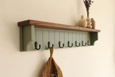Olive Green Coat Rack with Rustic Oak Shelf, Entryway Organizer Hooks