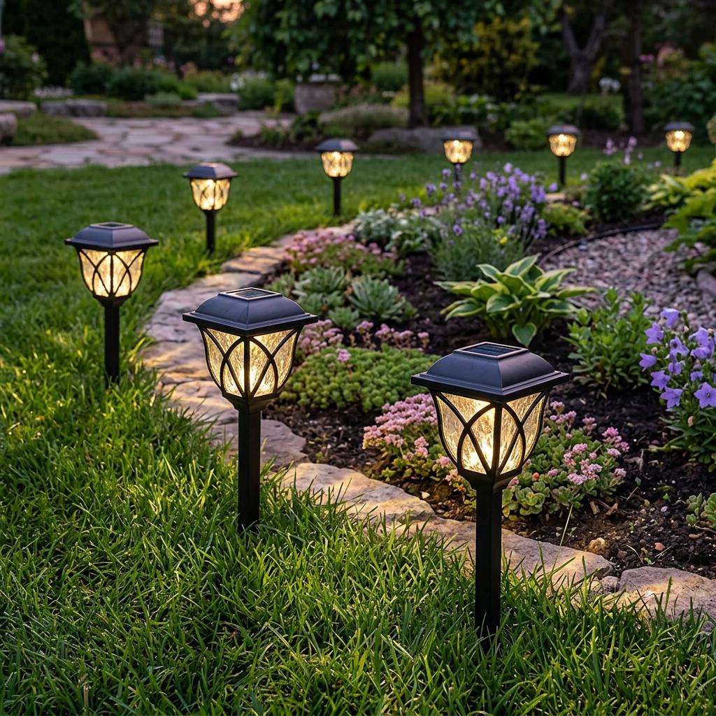 Solar Pathway Lights, Warm LED Walkway Lamps, Garden Stake Lights