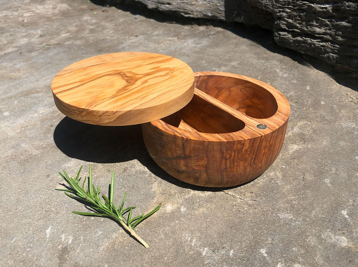 Olive Wood Salt Cellar with Lid, Double Compartment Spice Keeper