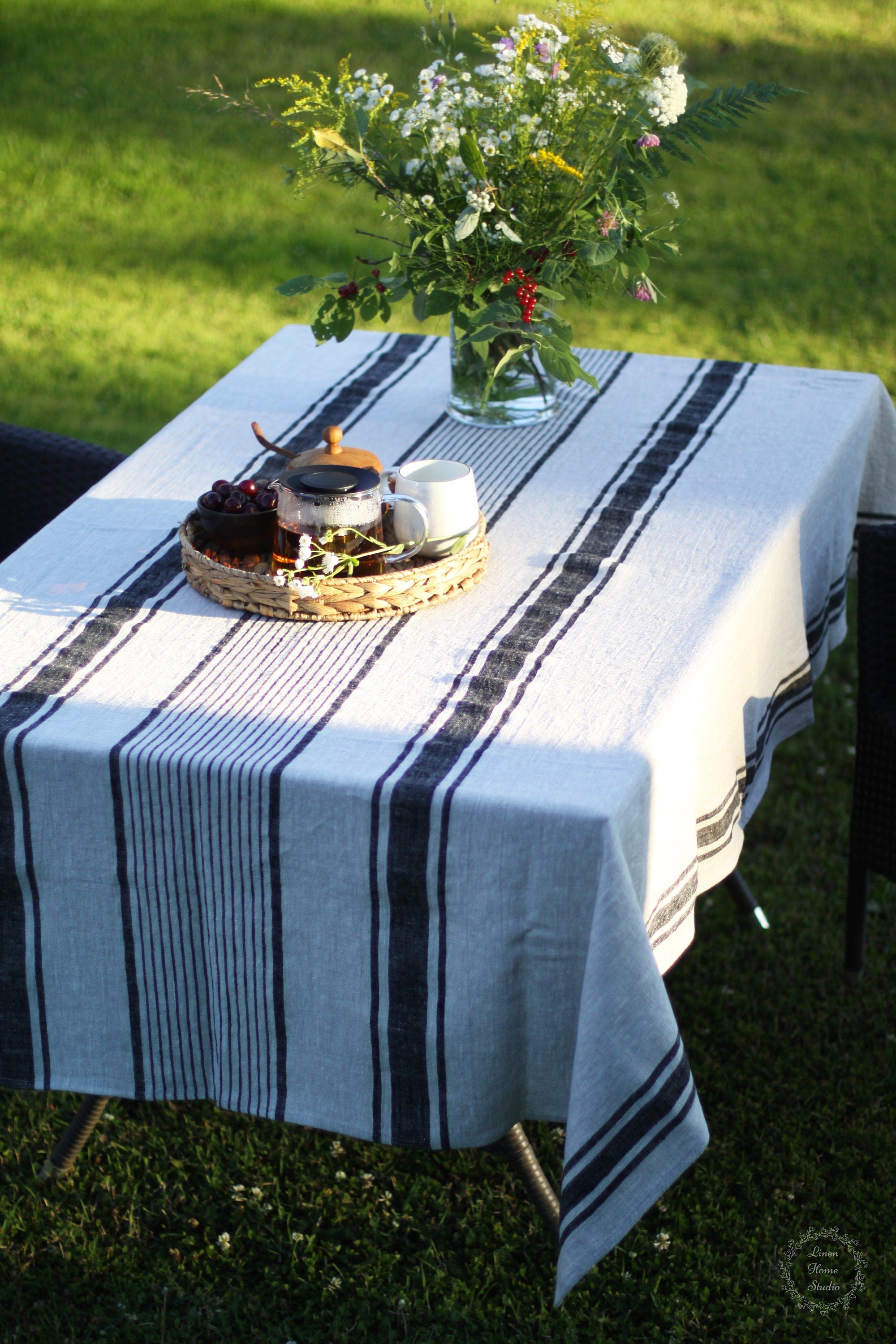 Heavyweight Striped Washed Linen Tablecloth - Blue, Green, Red Stripes