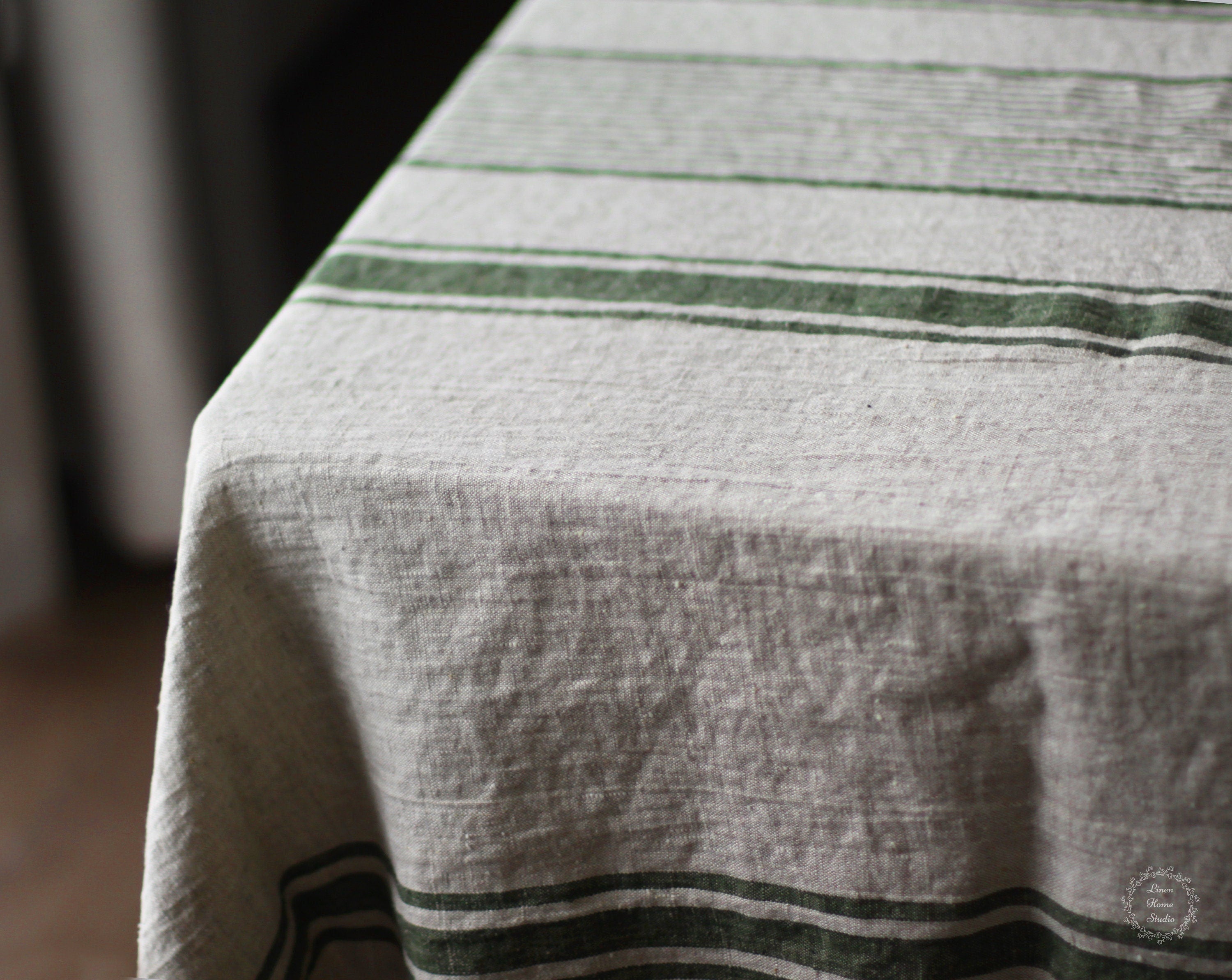Heavyweight Striped Washed Linen Tablecloth - Blue, Green, Red Stripes