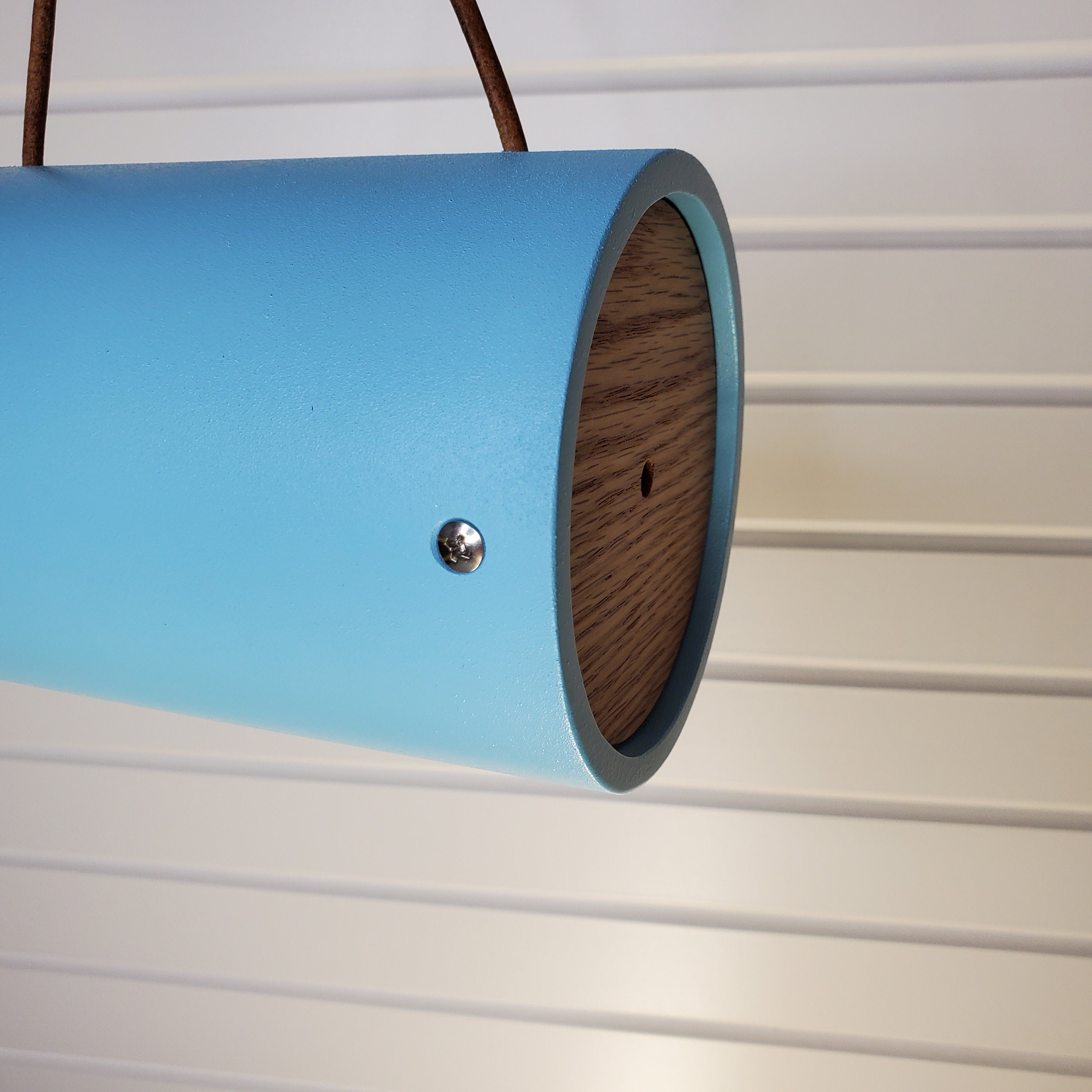 Modern Aqua Round Tube Birdhouse with Solid Oak
