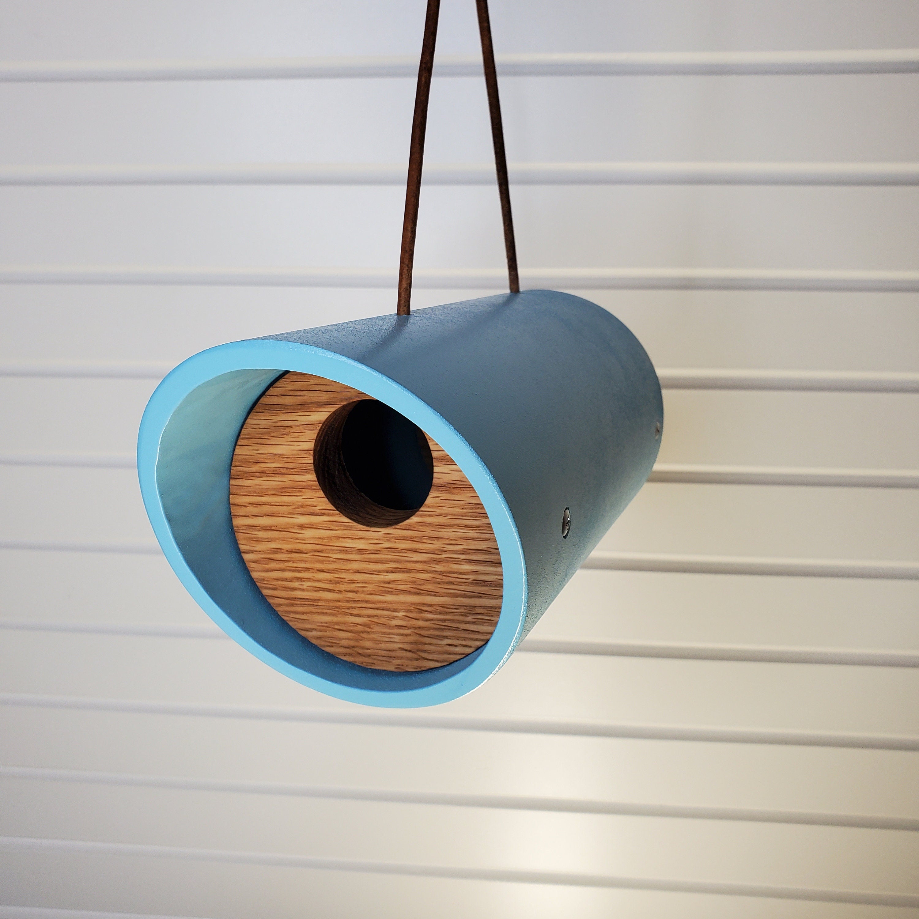 Modern Aqua Round Tube Birdhouse with Solid Oak