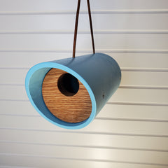 Modern Aqua Round Tube Birdhouse with Solid Oak