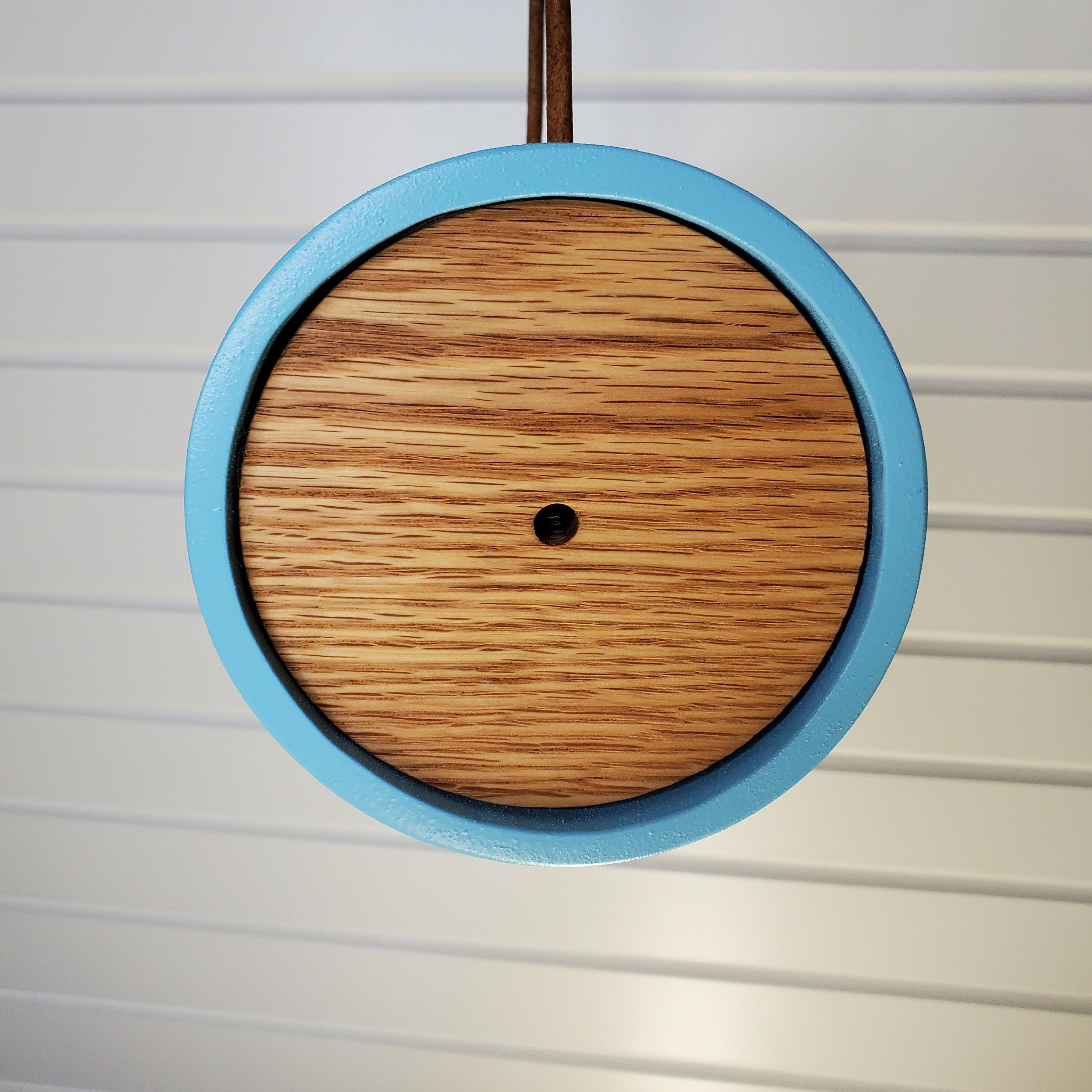 Modern Aqua Round Tube Birdhouse with Solid Oak