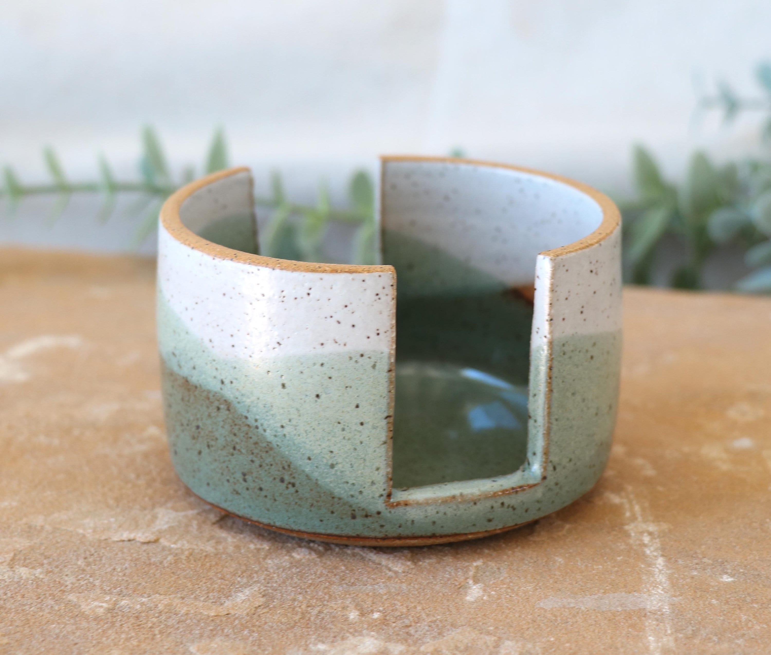Ceramic Sponge Holder: Blended Green Glazes, Kitchen Organization