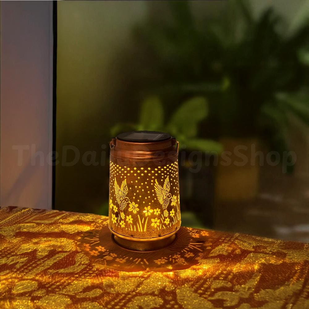 Hummingbird Solar Lantern: Metal Cut-Out Outdoor Hanging Light