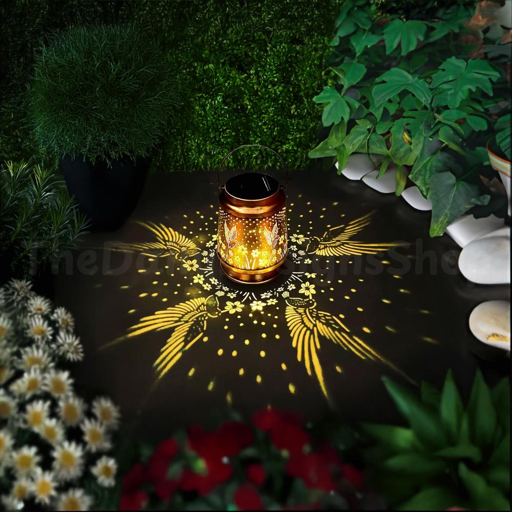 Hummingbird Solar Lantern: Metal Cut-Out Outdoor Hanging Light