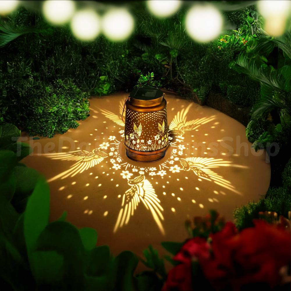 Hummingbird Solar Lantern: Metal Cut-Out Outdoor Hanging Light