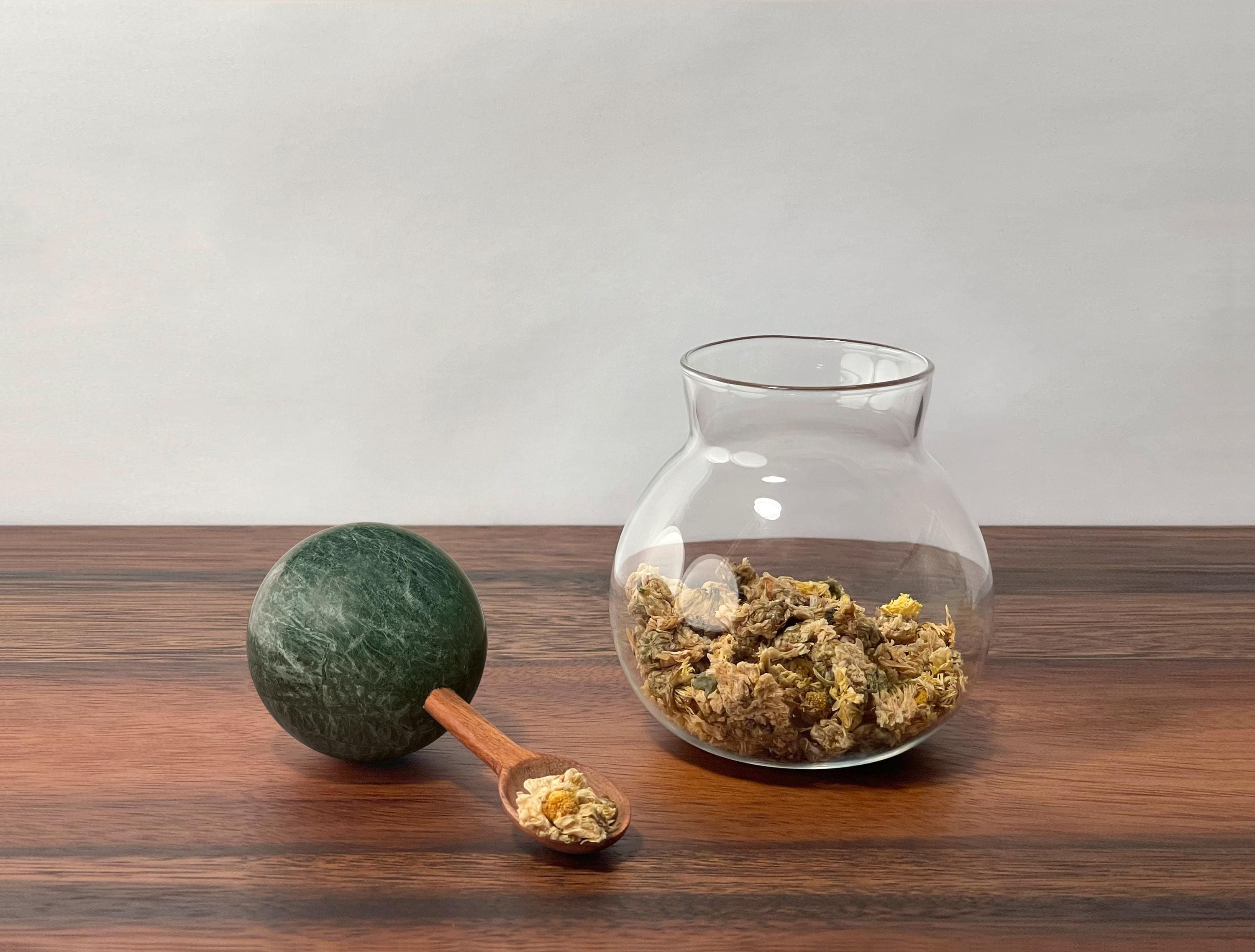 Decorative Spherical Glass Container with Stone Lid and Acacia Wood Spoon