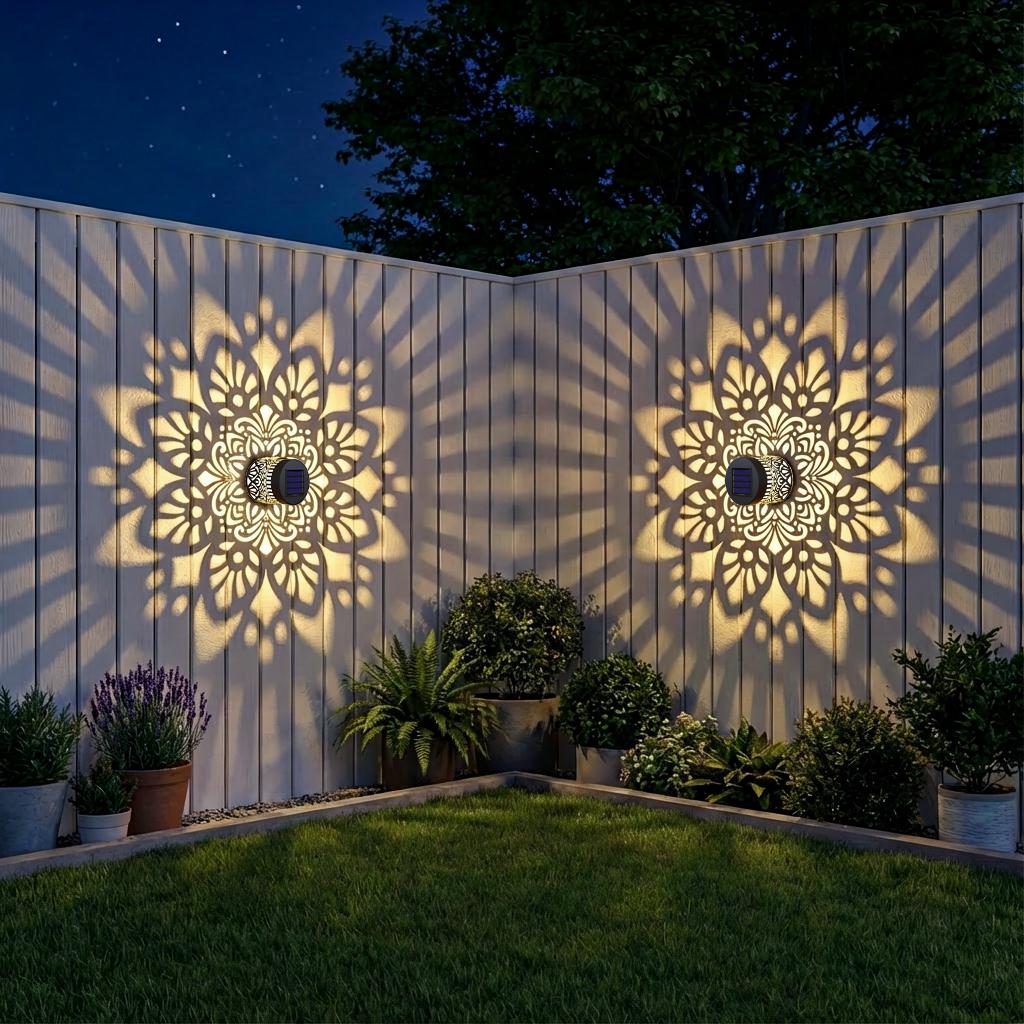 2 Pack Solar Fence Lights Metal Solar Powered Outdoor Wall Deck Step Lights Mandala Waterproof Fence Light for Garden Patio Backyard Decor