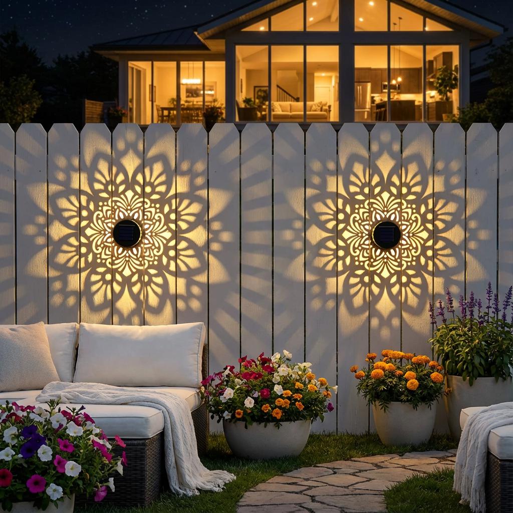 2 Pack Solar Fence Lights Metal Solar Powered Outdoor Wall Deck Step Lights Mandala Waterproof Fence Light for Garden Patio Backyard Decor