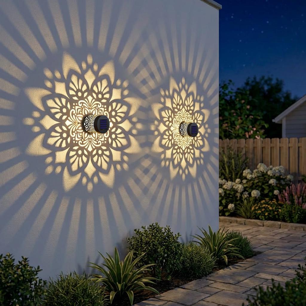 2 Pack Solar Fence Lights Metal Solar Powered Outdoor Wall Deck Step Lights Mandala Waterproof Fence Light for Garden Patio Backyard Decor
