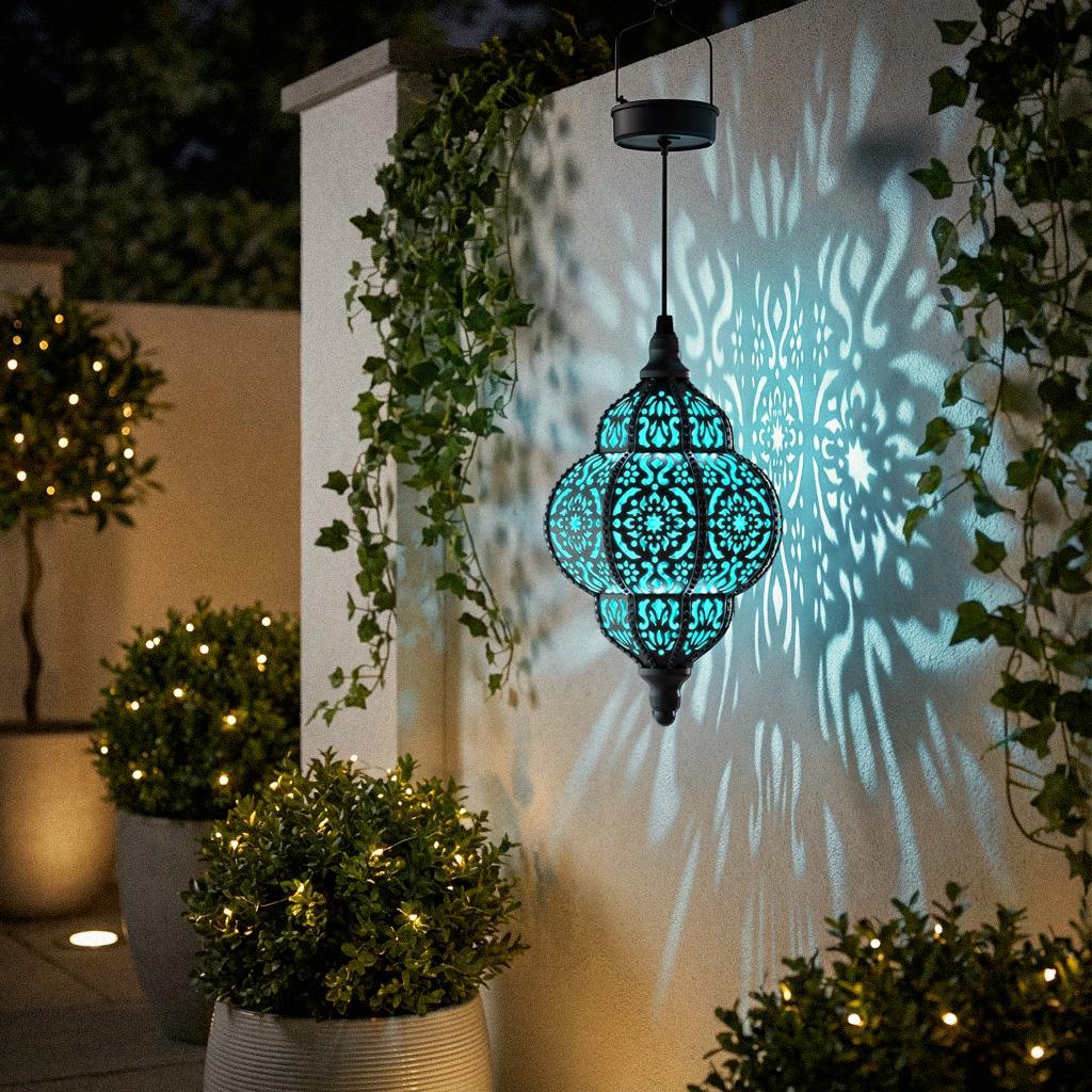 Hanging Solar Lantern, Moroccan Style Blue Waterproof Plastic Solar Light