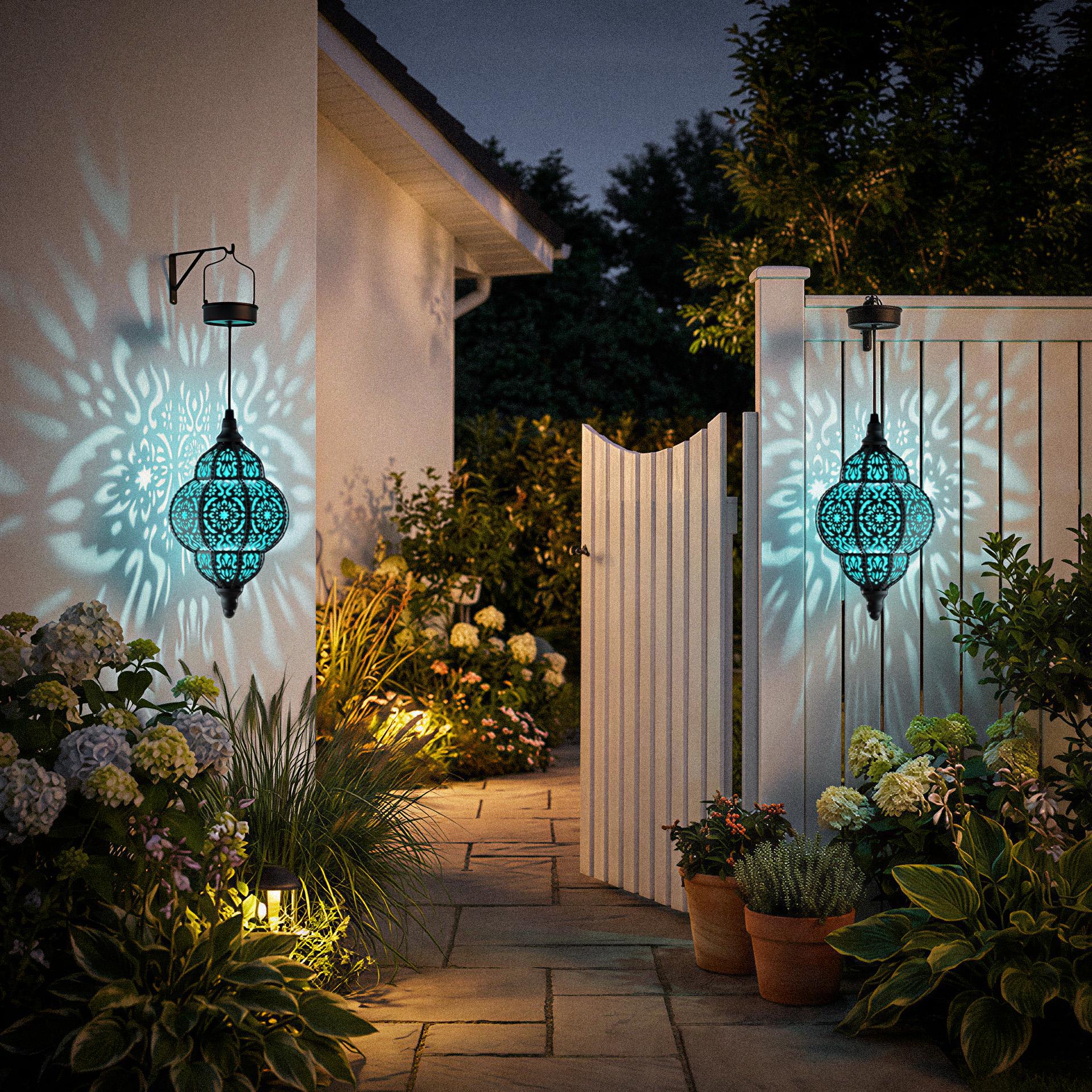 Hanging Solar Lantern, Moroccan Style Blue Waterproof Plastic Solar Light