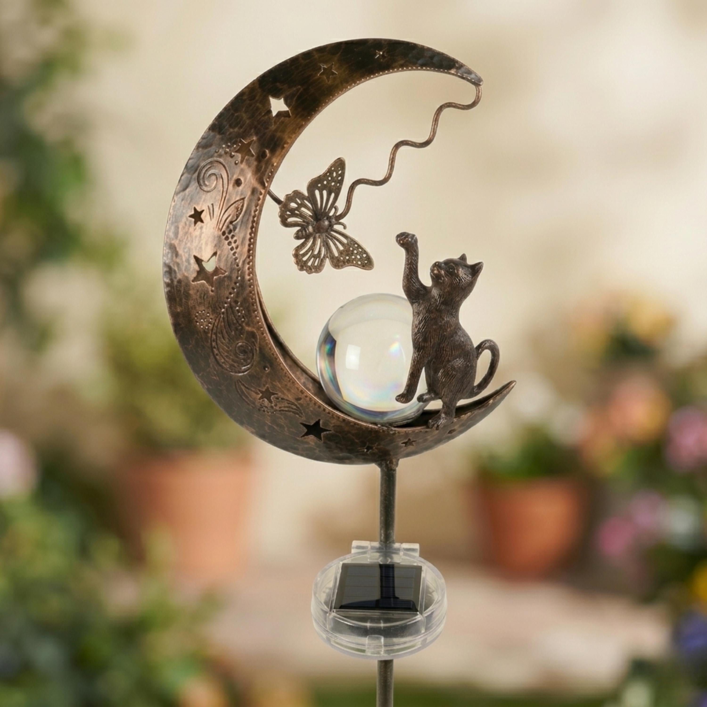 Cat Moon Solar Garden Stake Light, Metal Yard Decor, Solar Powered Pathway Lamp