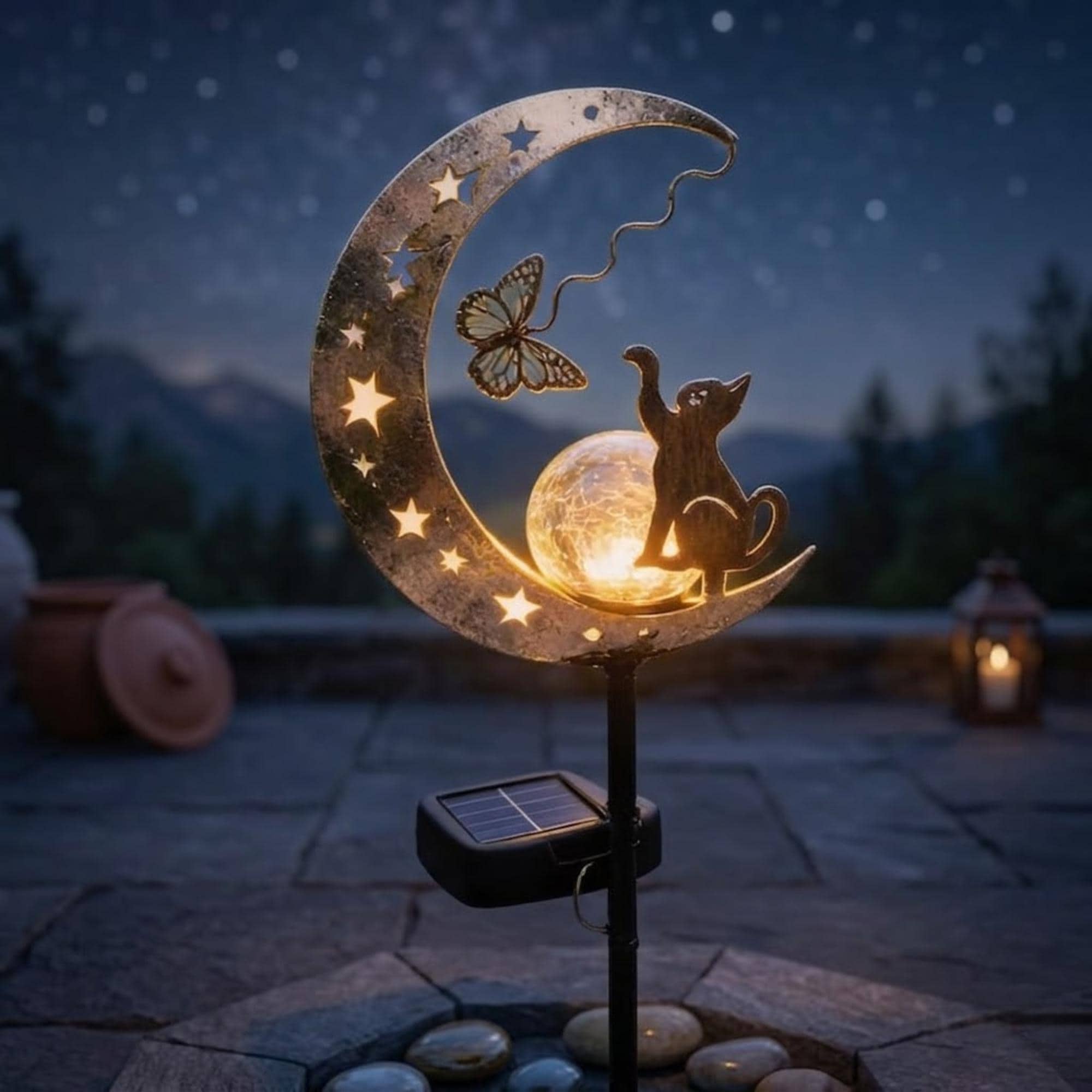Cat Moon Solar Garden Stake Light, Metal Yard Decor, Solar Powered Pathway Lamp