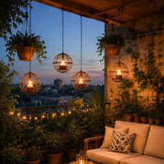 Outdoor Hanging Wire Globe Lanterns, Cozy Patio & Garden Candle Lights, Rustic Wedding Glow, Pergola Hanging Orbs, String Lights
