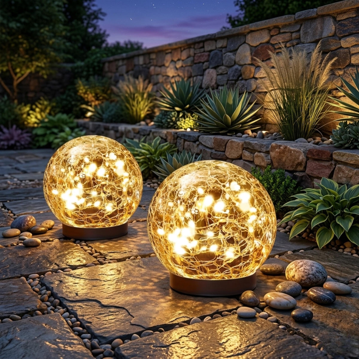 Set of 2 Cracked Glass Solar Globe Lights, Waterproof Outdoor Garden Orbs, Warm White LED Pathway & Patio Night Light Decor
