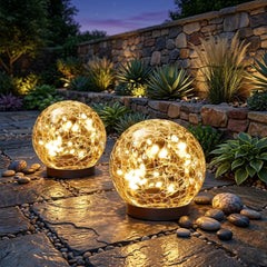 Set of 2 Cracked Glass Solar Globe Lights, Waterproof Outdoor Garden Orbs, Warm White LED Pathway & Patio Night Light Decor