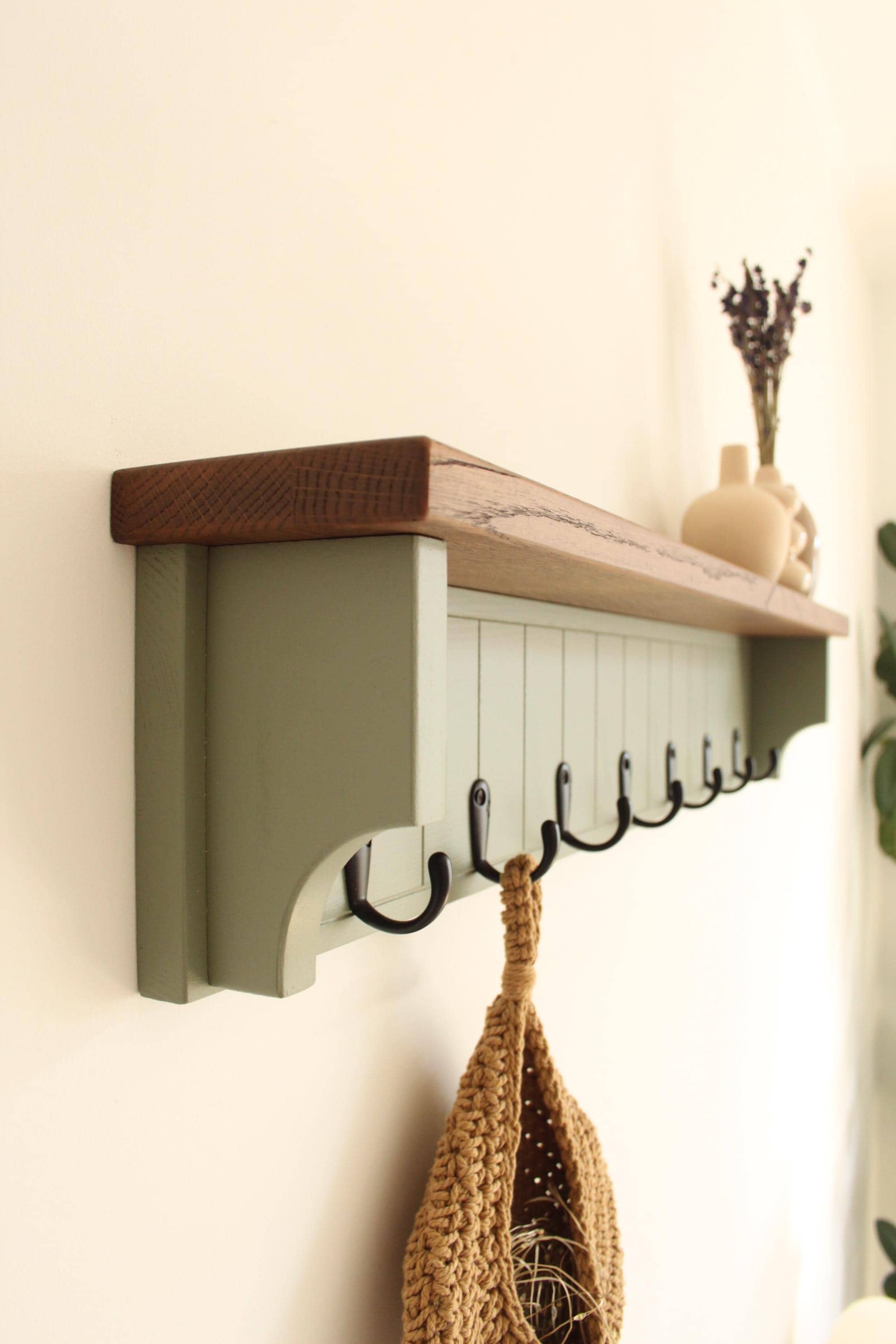 Olive Green Coat Rack with Rustic Oak Shelf, Entryway Organizer Hooks