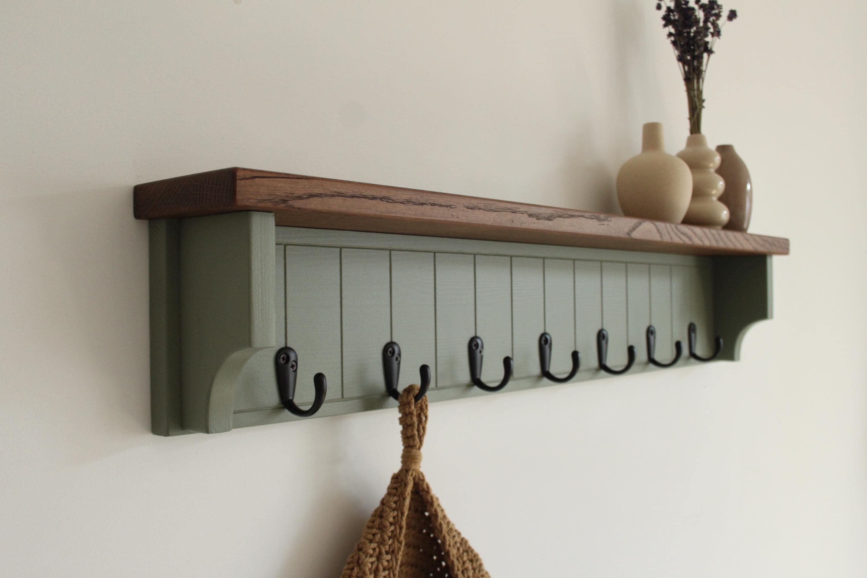 Olive Green Coat Rack with Rustic Oak Shelf, Entryway Organizer Hooks