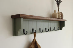 Olive Green Coat Rack with Rustic Oak Shelf, Entryway Organizer Hooks