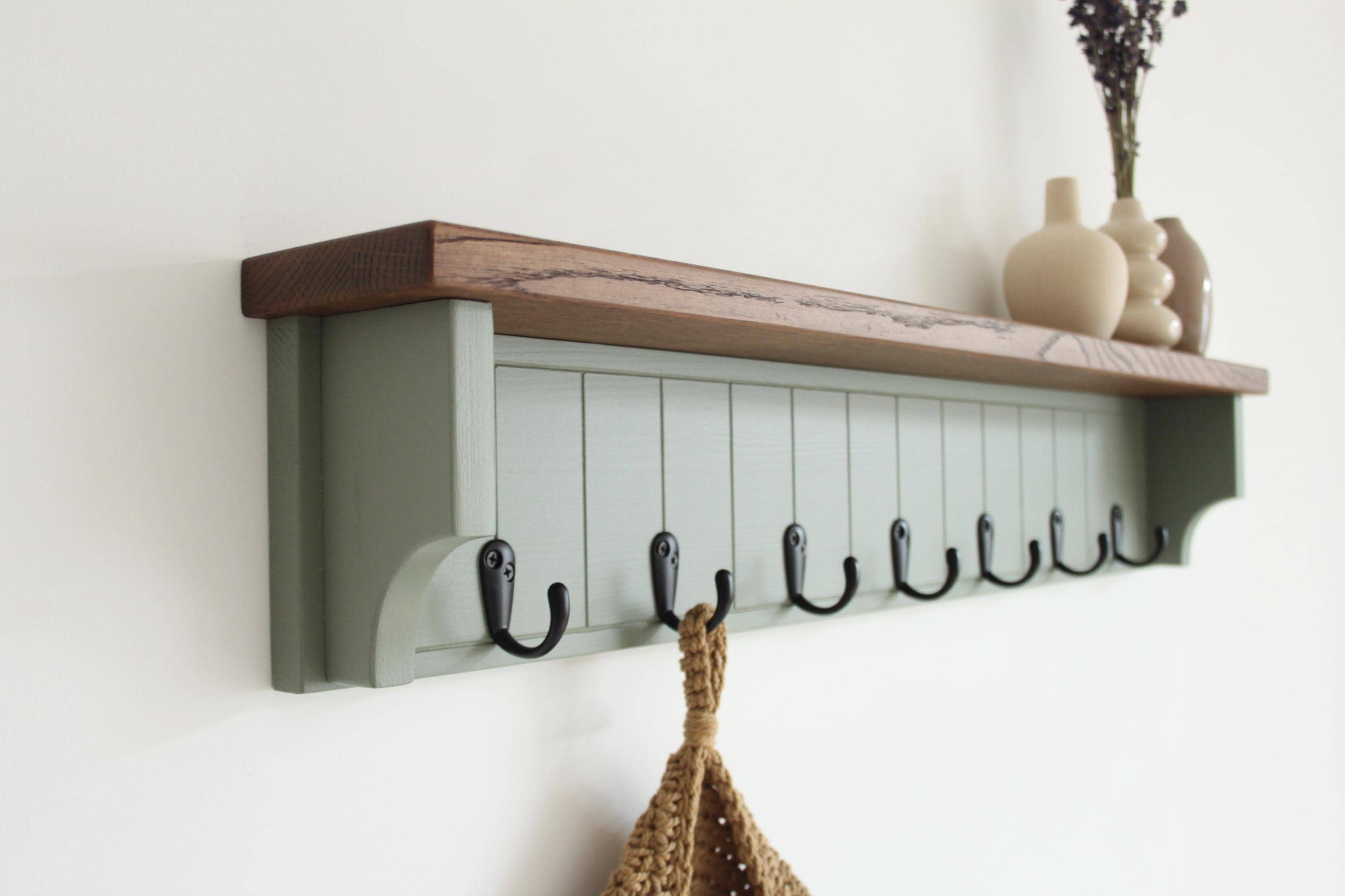 Olive Green Coat Rack with Rustic Oak Shelf, Entryway Organizer Hooks