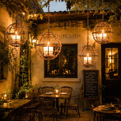 Outdoor Hanging Wire Globe Lanterns, Cozy Patio & Garden Candle Lights, Rustic Wedding Glow, Pergola Hanging Orbs, String Lights