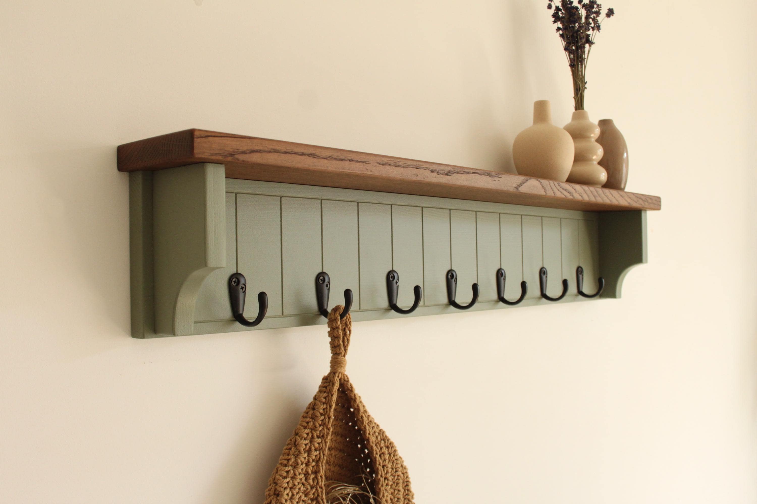 Olive Green Coat Rack with Rustic Oak Shelf, Entryway Organizer Hooks
