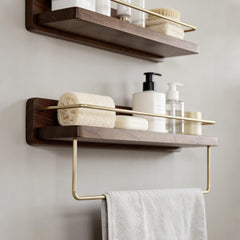 Solid Walnut/Beech Shelf with Brushed Brass Towel Bar, Wall Mounted Floating Storage