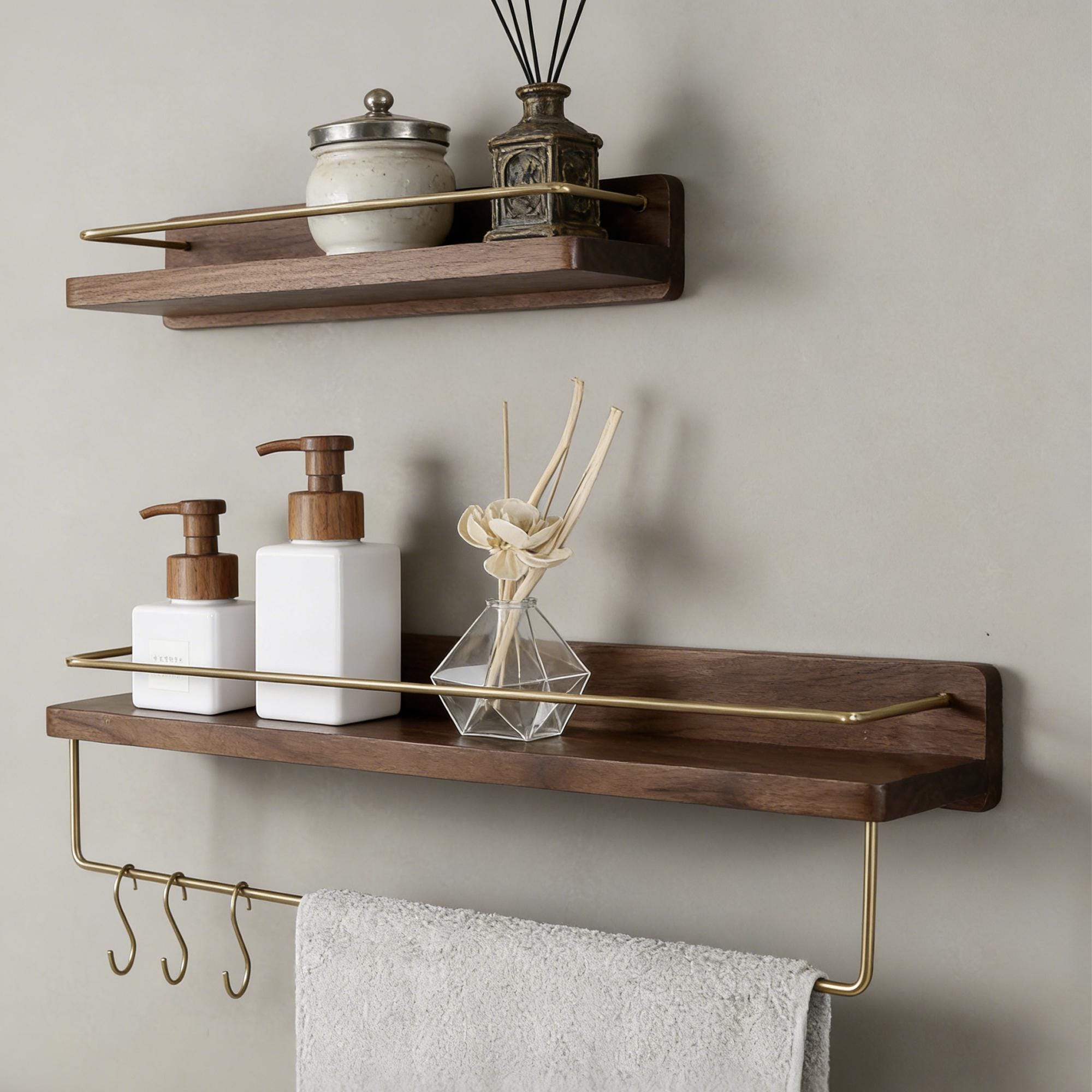 Solid Walnut/Beech Shelf with Brushed Brass Towel Bar, Wall Mounted Floating Storage