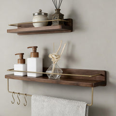 Solid Walnut/Beech Shelf with Brushed Brass Towel Bar, Wall Mounted Floating Storage