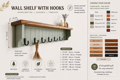 Olive Green Coat Rack with Rustic Oak Shelf, Entryway Organizer Hooks