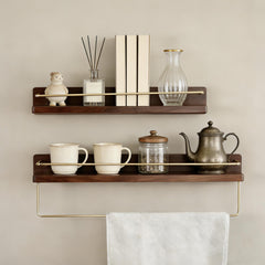Solid Walnut/Beech Shelf with Brushed Brass Towel Bar, Wall Mounted Floating Storage
