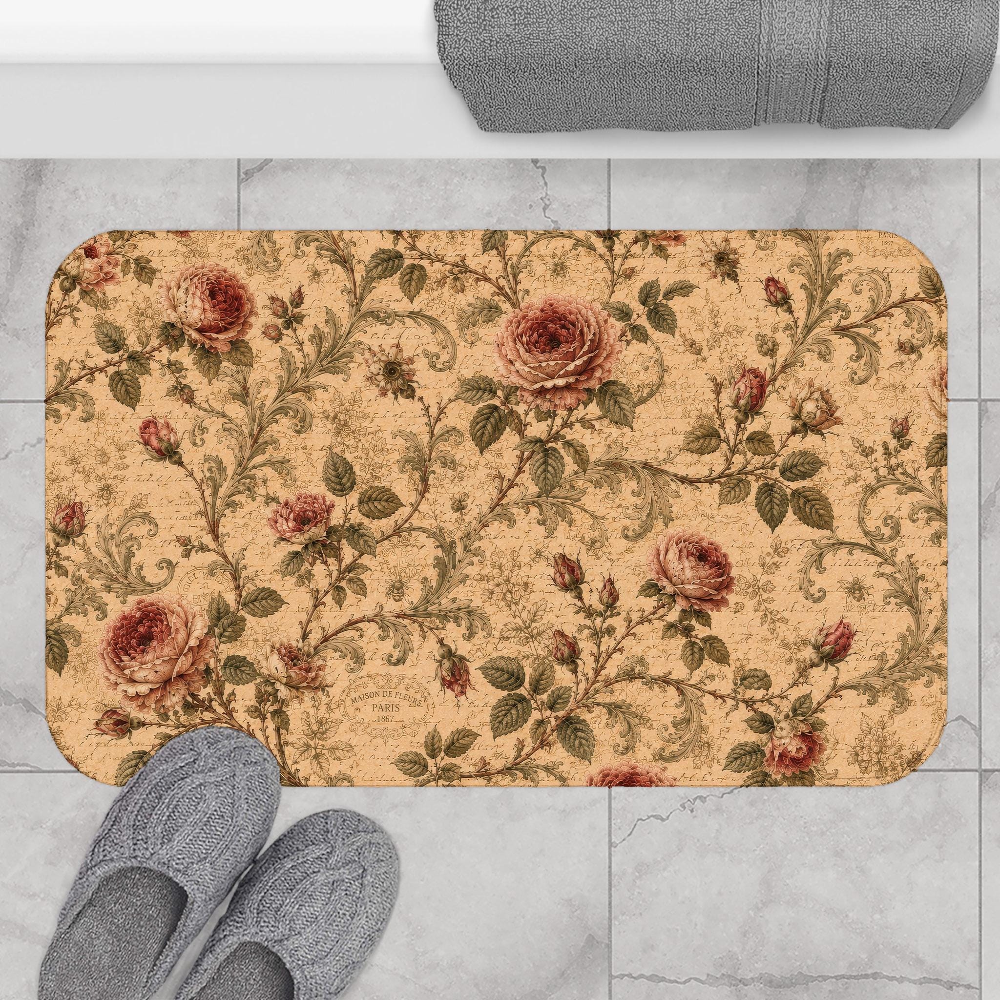 Vintage Rose Bath Mat – French Cottage Floral Bathroom Rug