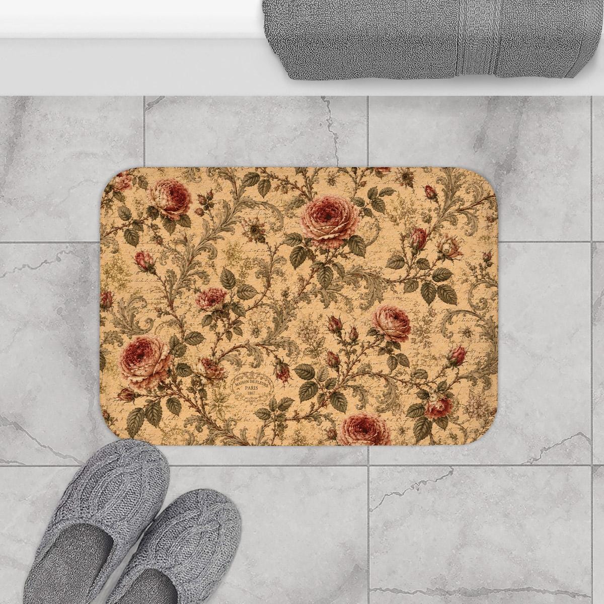 Vintage Rose Bath Mat – French Cottage Floral Bathroom Rug